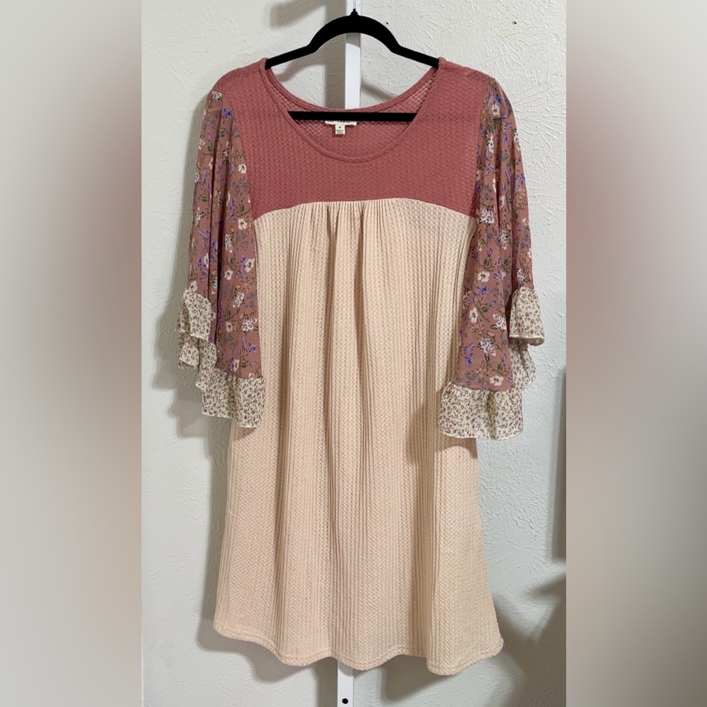 Umgee Waffle Weave Pink & Cream Tunic Dress Sz M